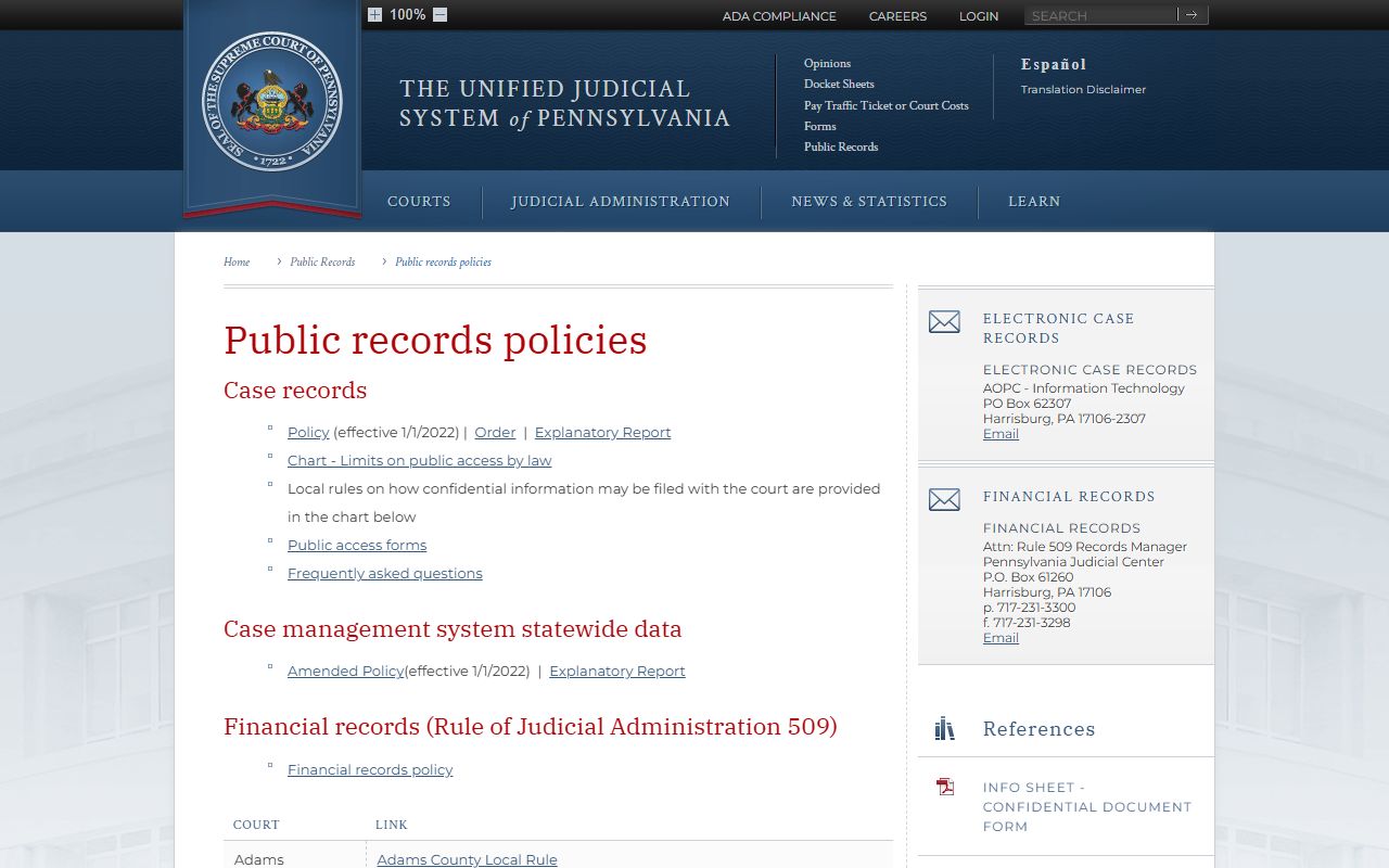 Wayne County court records Pennsylvania courts public records policies