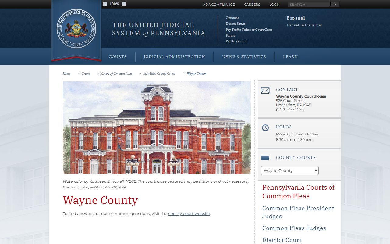 Wayne County court records Pennsylvania Courts county page