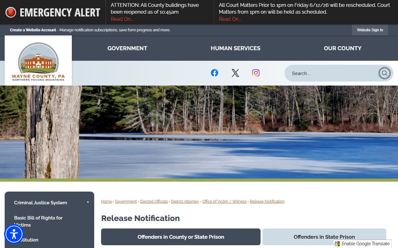 Wayne County inmate records PA SAVIN release notification page