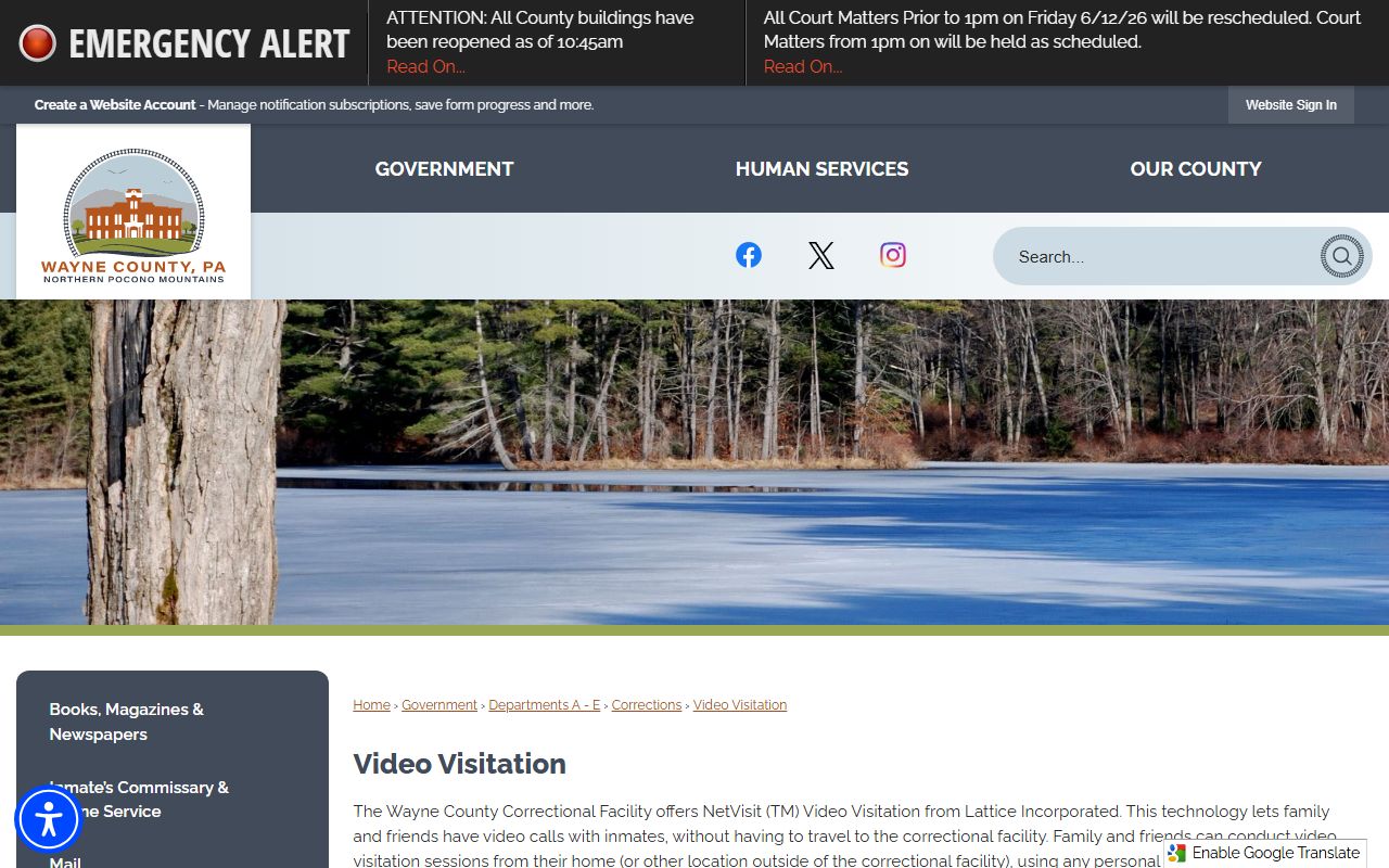 Wayne County inmate records video visitation page