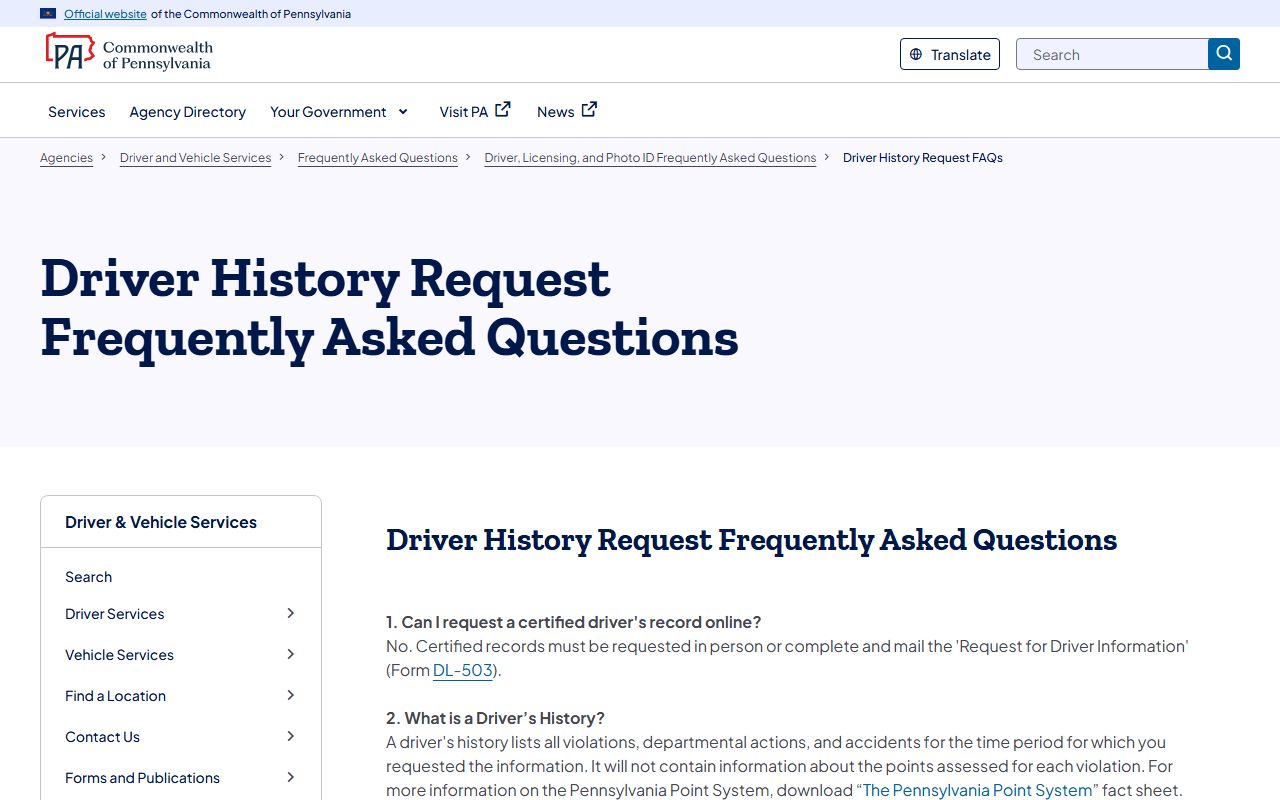 Wayne County traffic court records PennDOT driver history FAQ